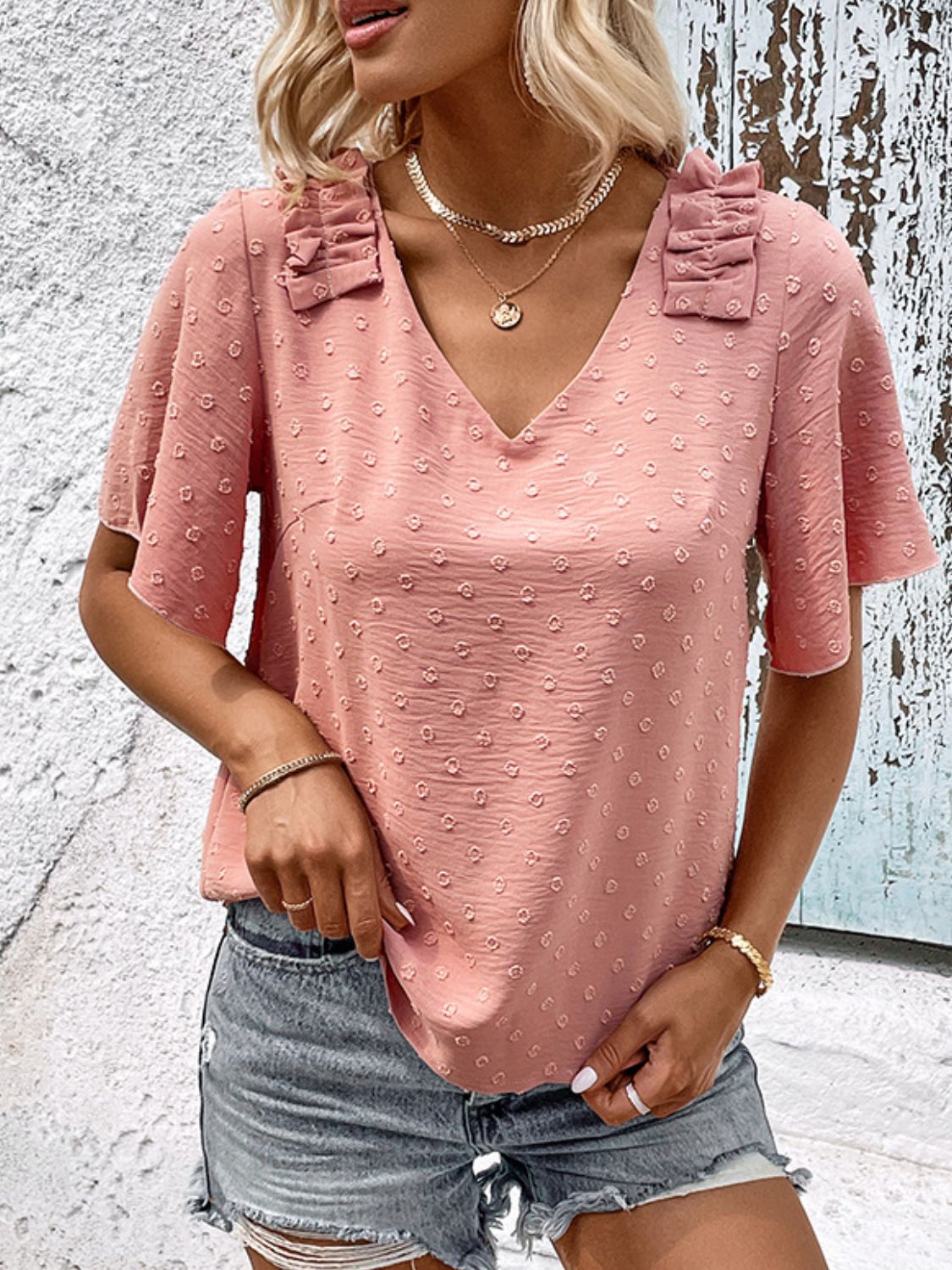 Perfee Swiss Dot Shoulder Detail V-Neck Blouse – Trendsi | ClozArt