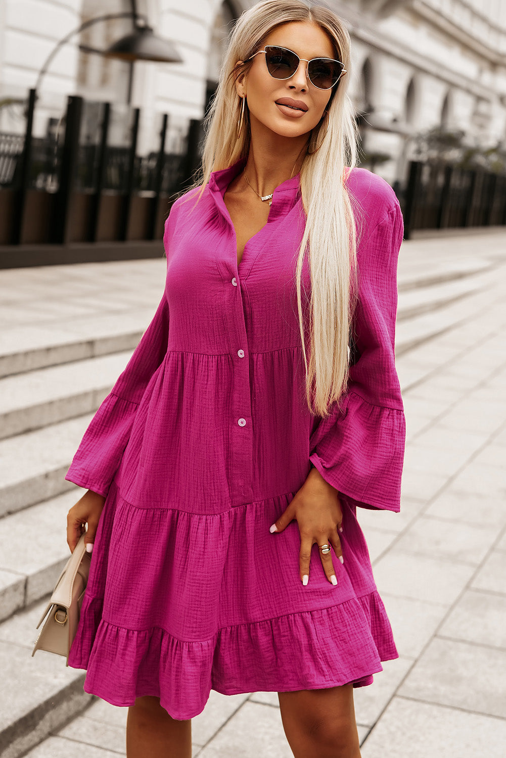 Buttoned Flare Sleeve Tiered Dress – Trendsi | ClozArt