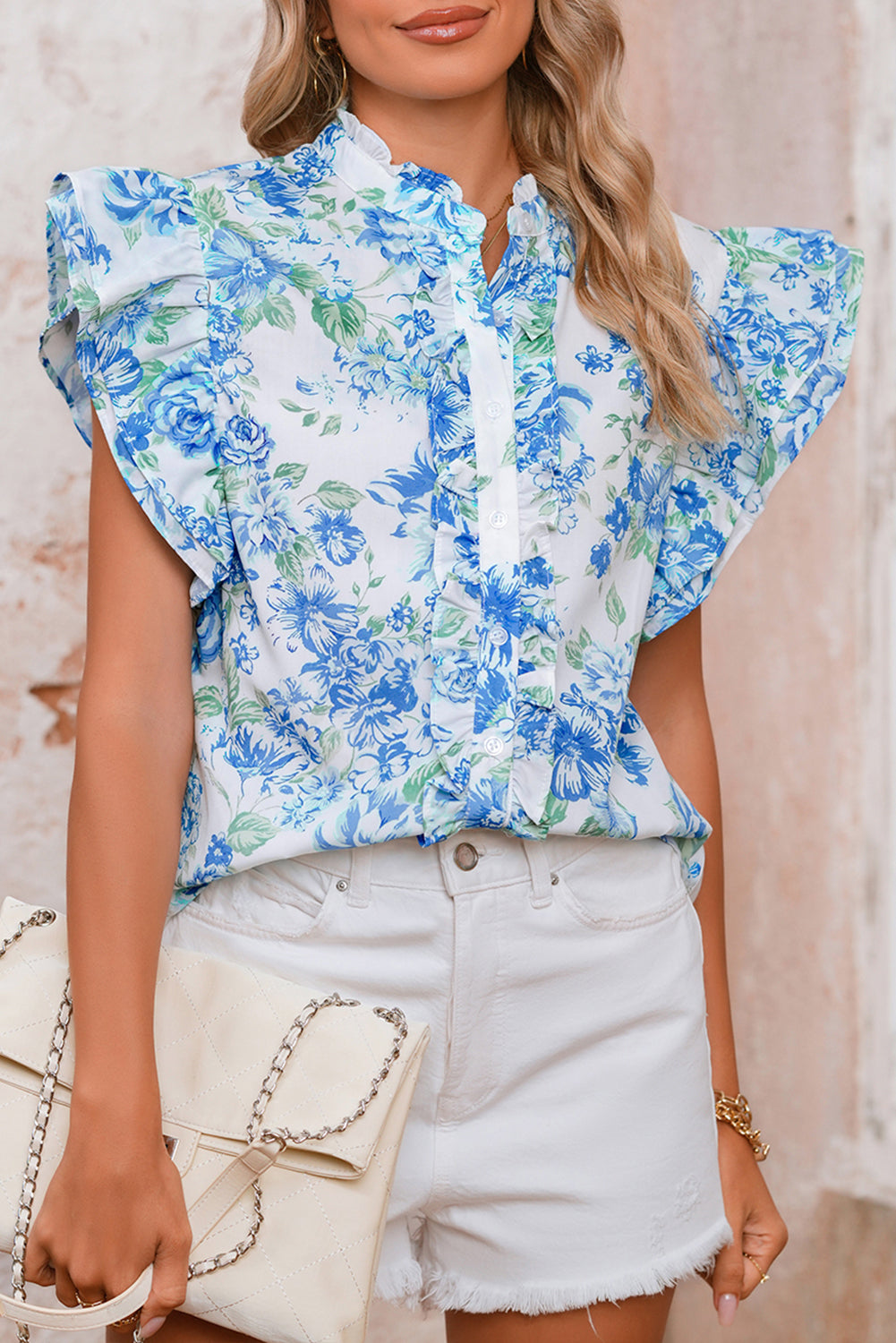 Sky Blue Floral Print Ruffle Sleeve Frill Shirt – Shewin | ClozArt