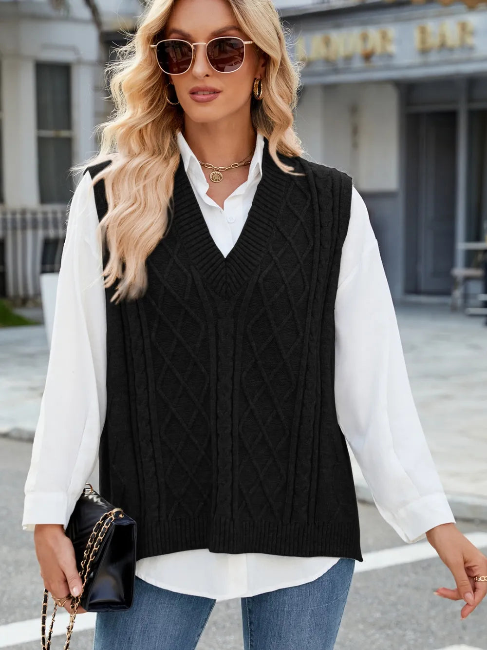 Cable Knit V-Neck Sweater Vest – Trendsi | ClozArt