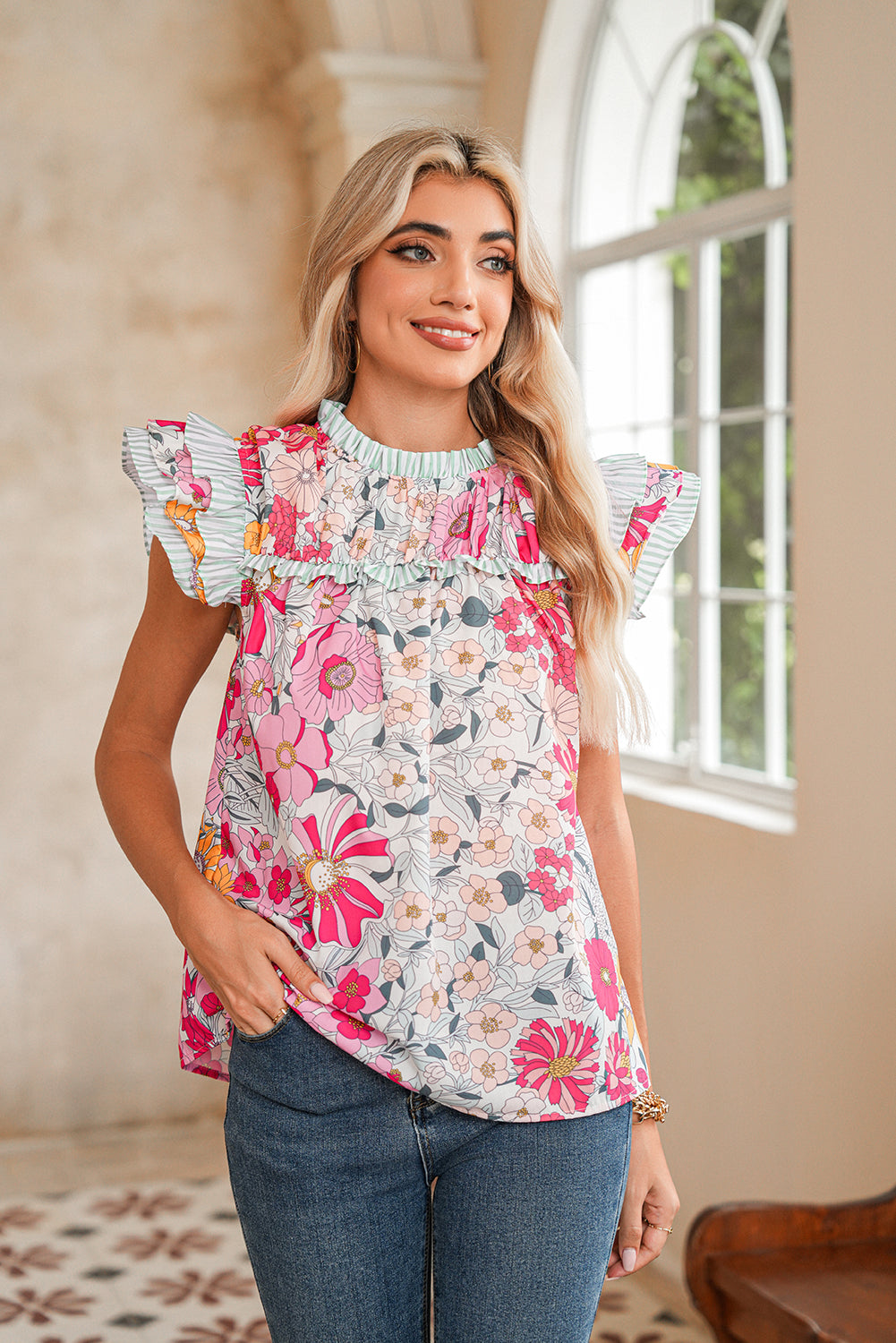 Pink Floral Print Ruffle Trim Pleated Boho Blouse – Shewin | ClozArt