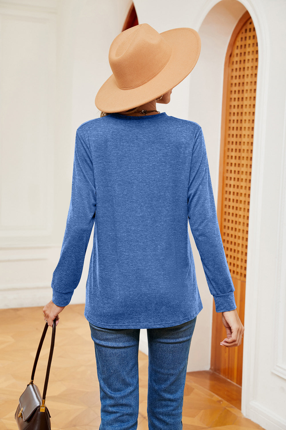 Buttoned Notched Neck Long Sleeve Top – Trendsi | ClozArt