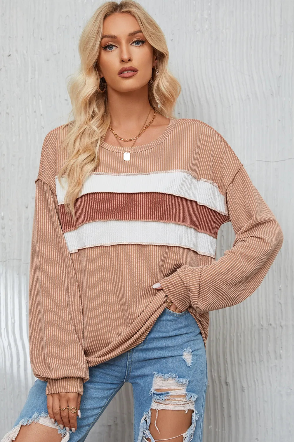 Ribbed Color Block Exposed Seam Round Neck Blouse – Trendsi | ClozArt