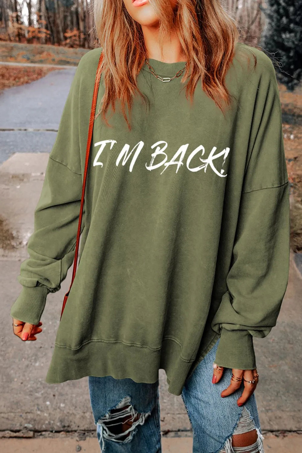 I'M BACK Round Neck Dropped Shoulder Sweatshirt – Trendsi | ClozArt