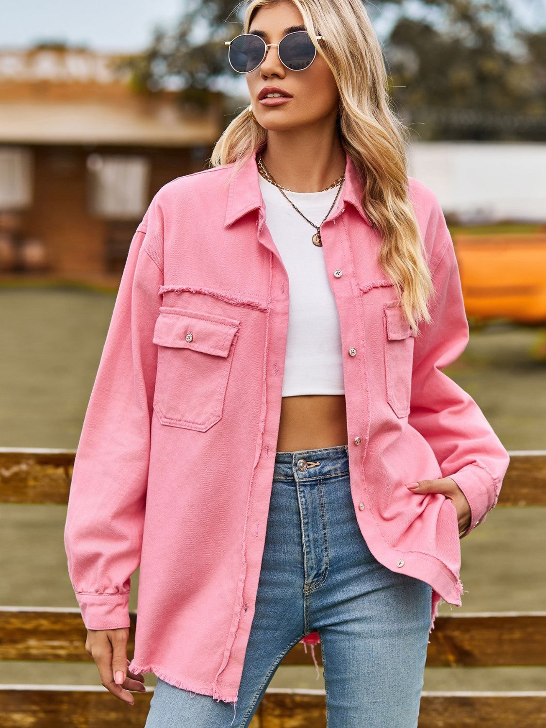 Button Up Collared Neck Raw Hem Denim Top – Trendsi | ClozArt