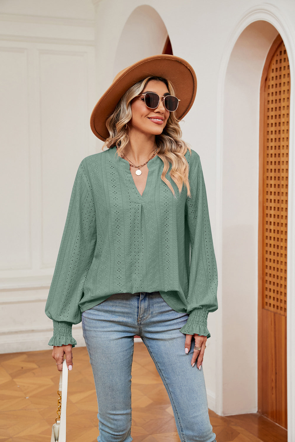Notched Neck Flounce Sleeve Blouse – Trendsi | ClozArt