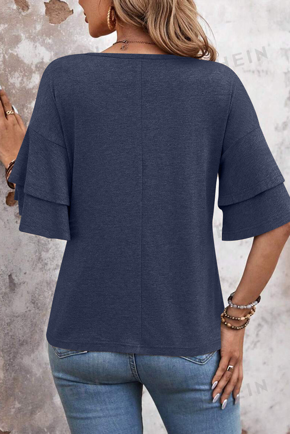 Dune Solid Color V Neck Double Layer Sleeve Loose T-Shirt – Shewin | ClozArt