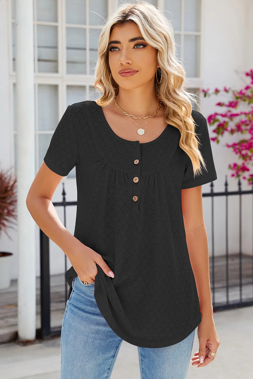 Eyelet Quarter Button Short Sleeve T-Shirt – Trendsi | ClozArt