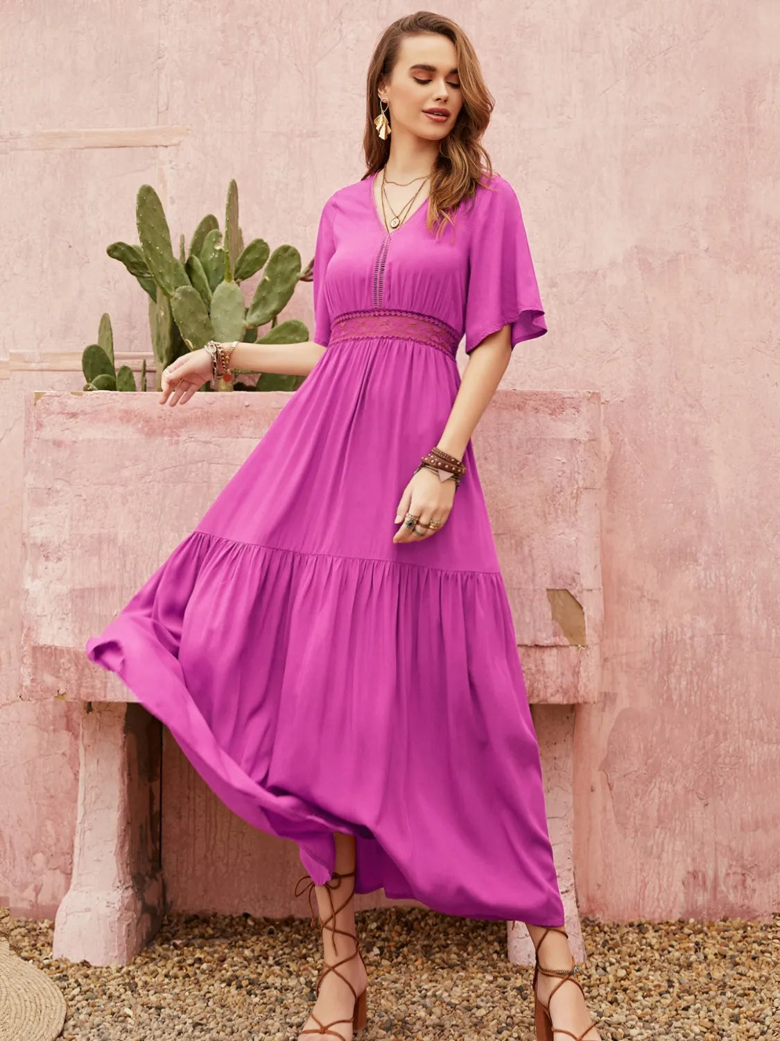 Lace Detail V-Neck Short Sleeve Midi Dress – Trendsi | ClozArt