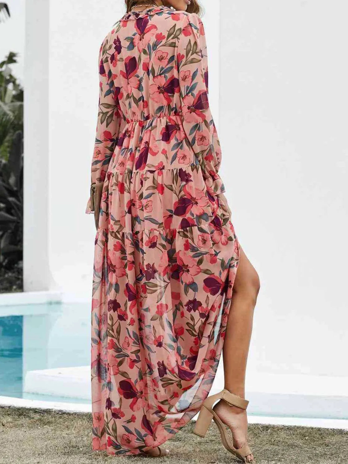 Frill Printed V-Neck Flounce Sleeve Dress – Trendsi | ClozArt