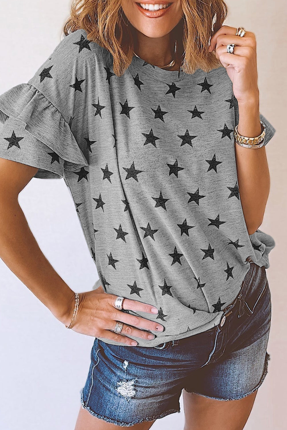 Gray Star Print Tiered Ruffle Sleeve Crew Neck T Shirt – Shewin | ClozArt