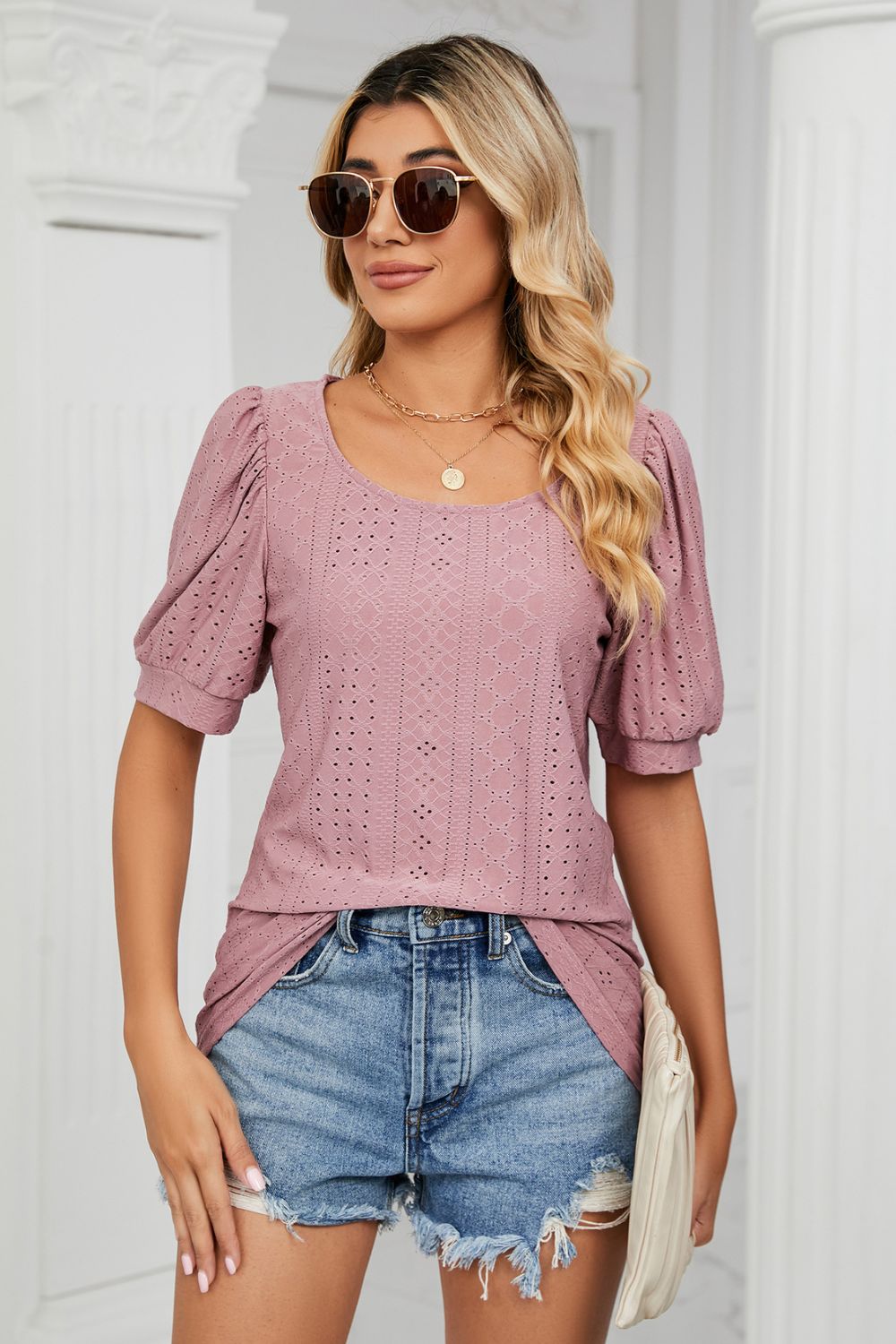 Eyelet Puff Sleeve Round Neck Top – Trendsi | ClozArt