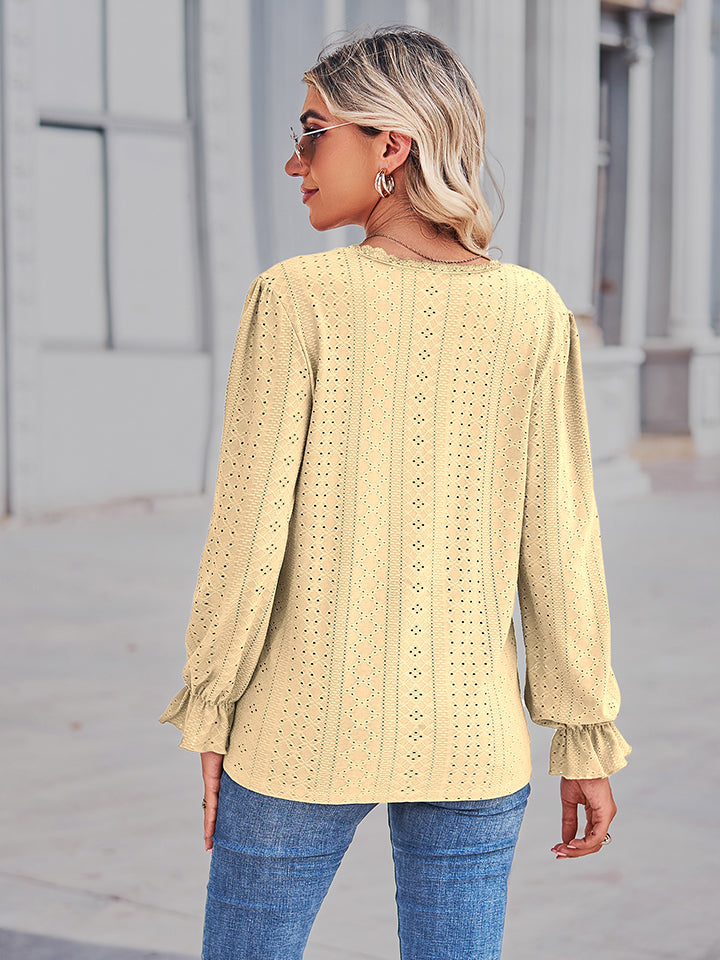 Eyelet V-Neck Flounce Sleeve Blouse – Trendsi | ClozArt