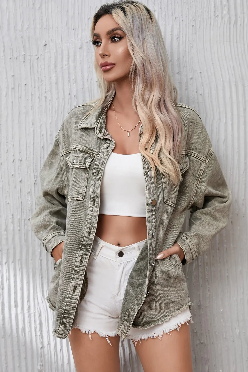 Button Up Pocketed Raw Hem Denim Jacket – Trendsi | ClozArt