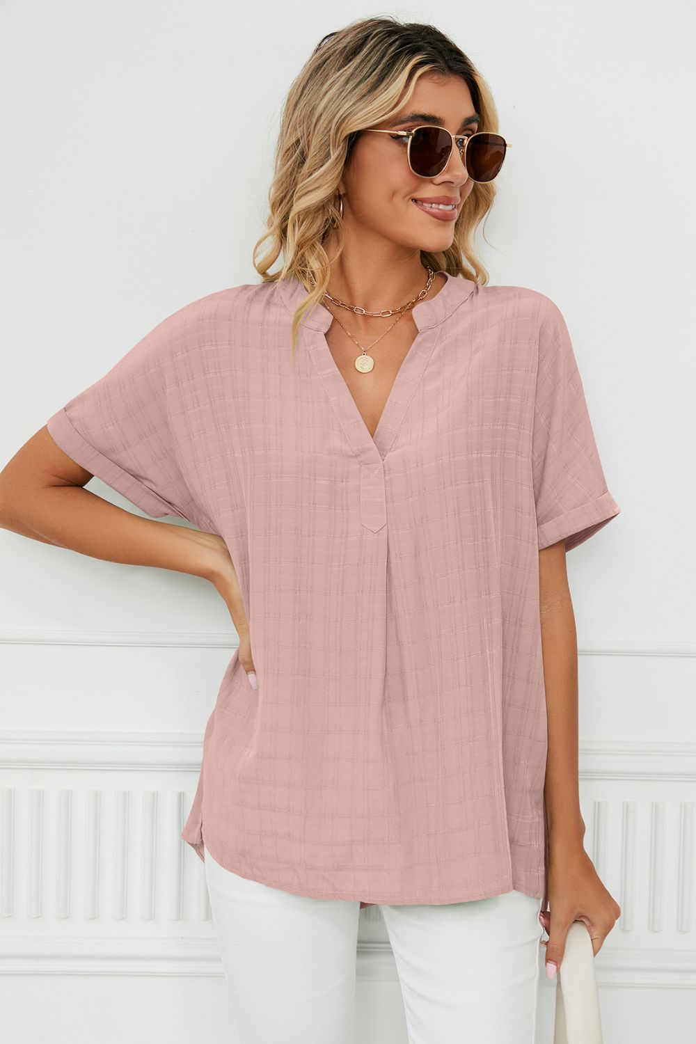 Side Slit Notched Neck Cuffed Short Sleeve Blouse – Trendsi | ClozArt