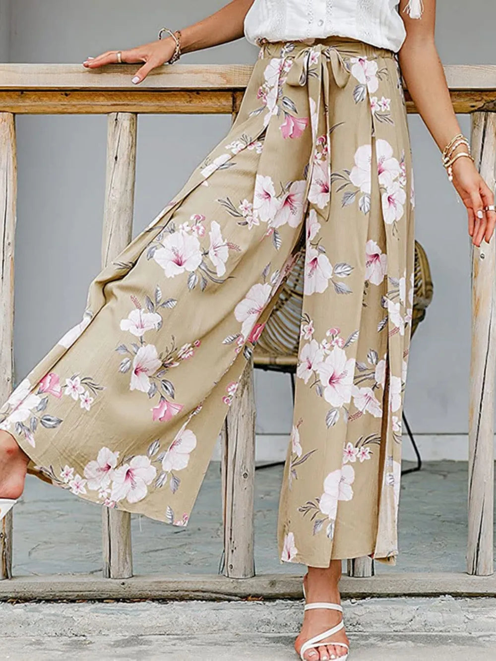 Tied Waist Slit Floral Wide leg Pants – Trendsi | ClozArt