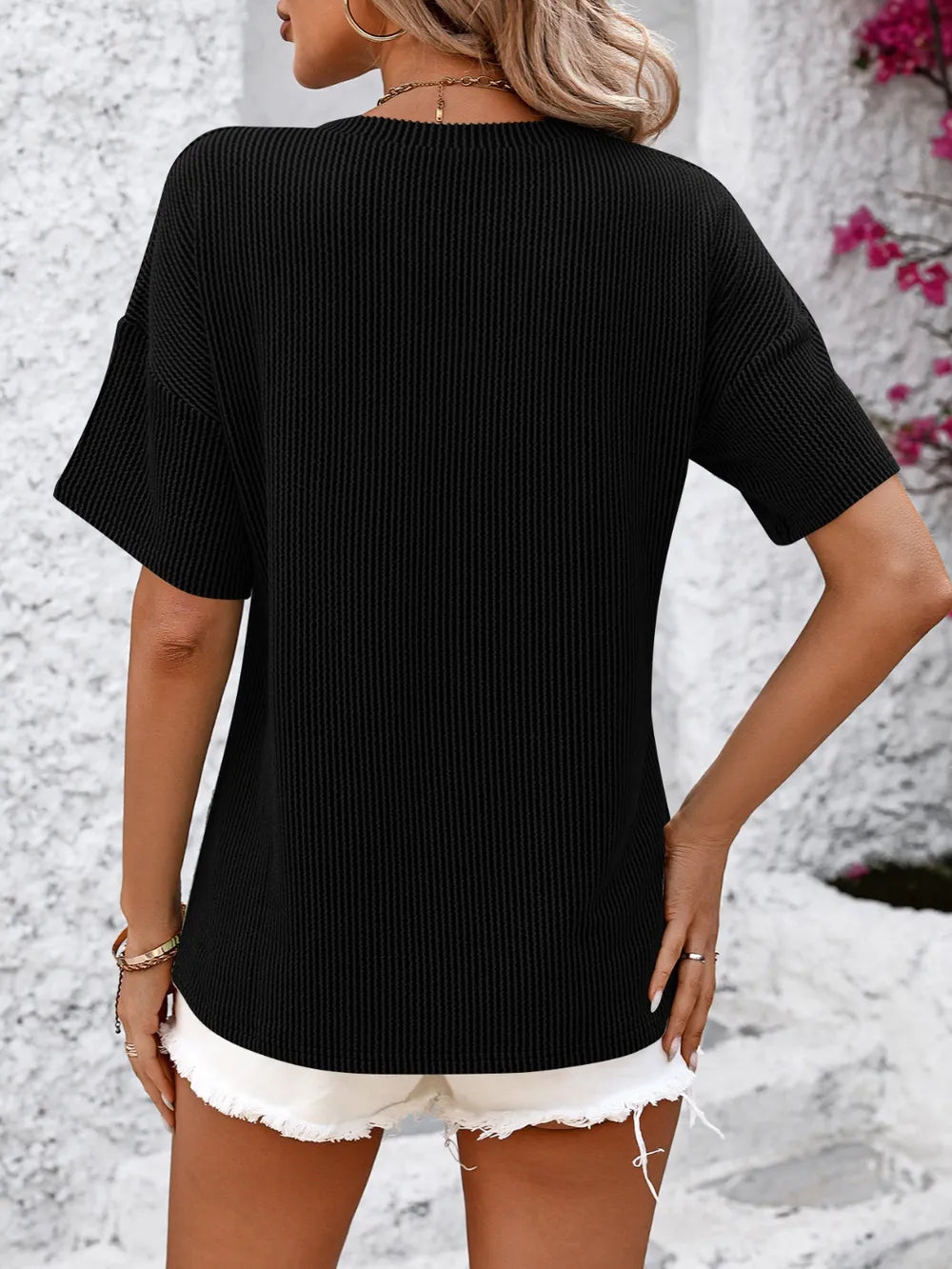 Mandy V-Neck Dropped Shoulder T-Shirt – Trendsi | ClozArt