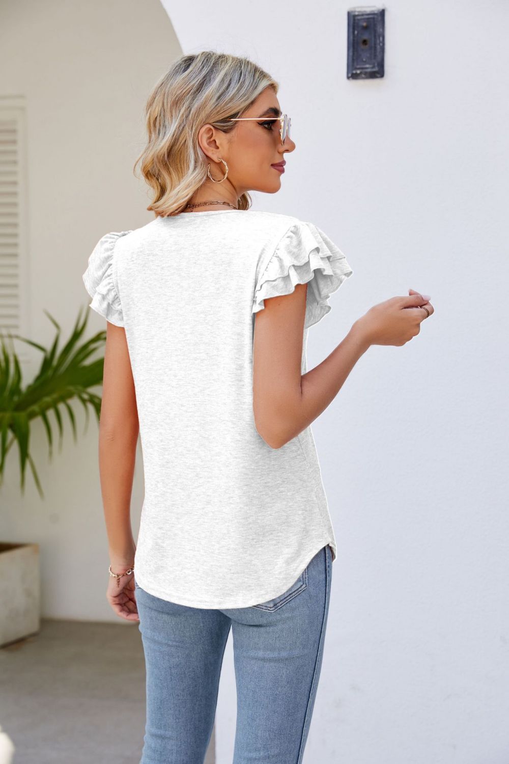 Smocked Flutter Sleeve V-Neck Top – Trendsi | ClozArt
