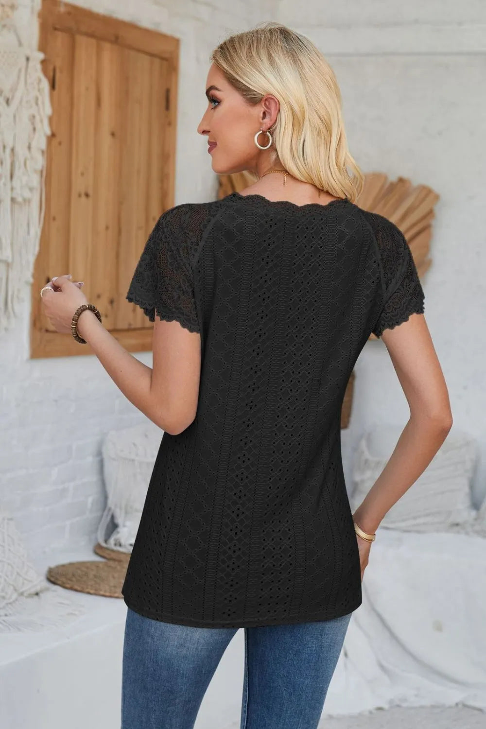 Eyelet V-Neck Lace Short Sleeve T-Shirt – Trendsi | ClozArt