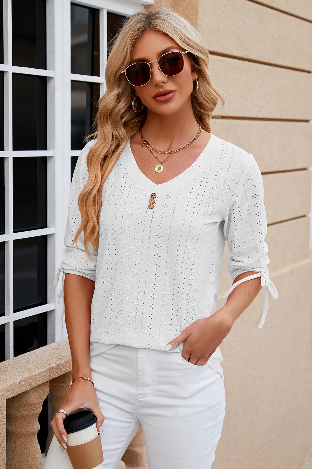 Eyelet Drawstring V-Neck Half Sleeve T-Shirt – Trendsi | ClozArt