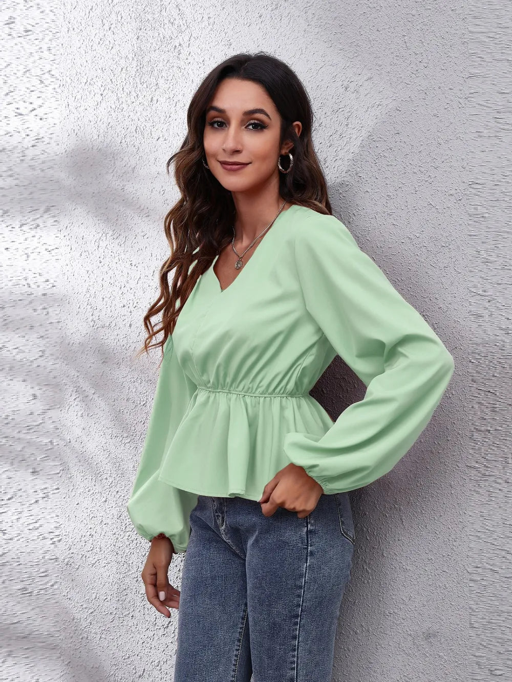 V-Neck Balloon Sleeve Peplum Blouse – Trendsi | ClozArt