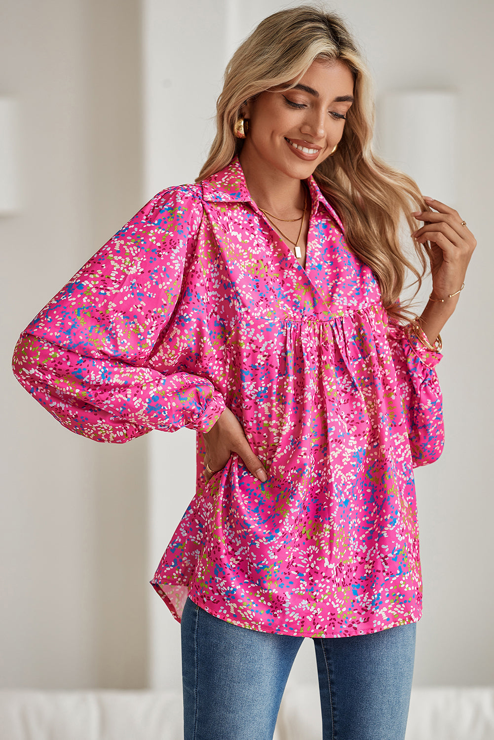 Orange Abstract Print Loose Fit Collared V Neck Babydoll Blouse – Shewin | ClozArt