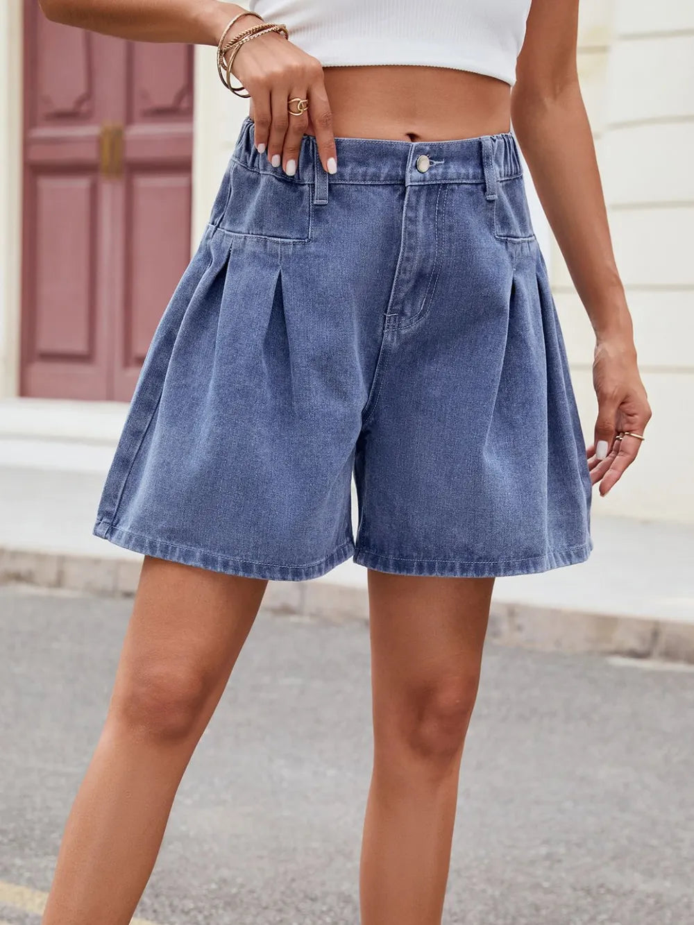 Ruched Half Elastic Waist Denim Shorts – Trendsi | ClozArt