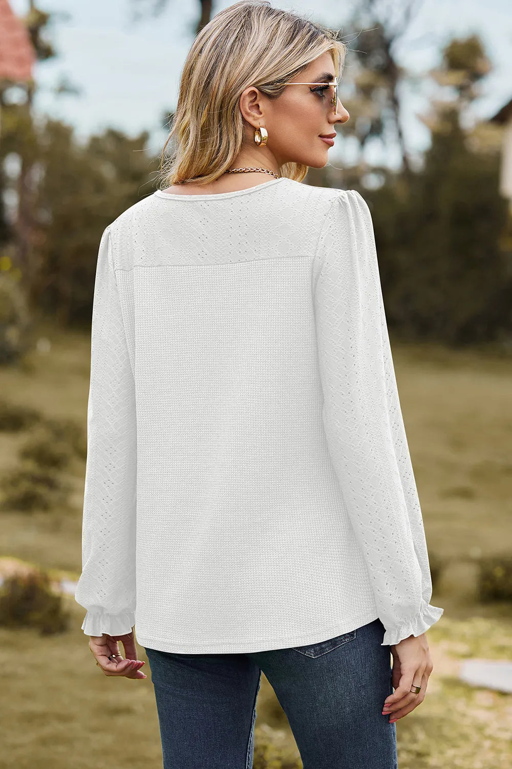 Eyelet Round Neck Flounce Sleeve T-Shirt – Trendsi | ClozArt