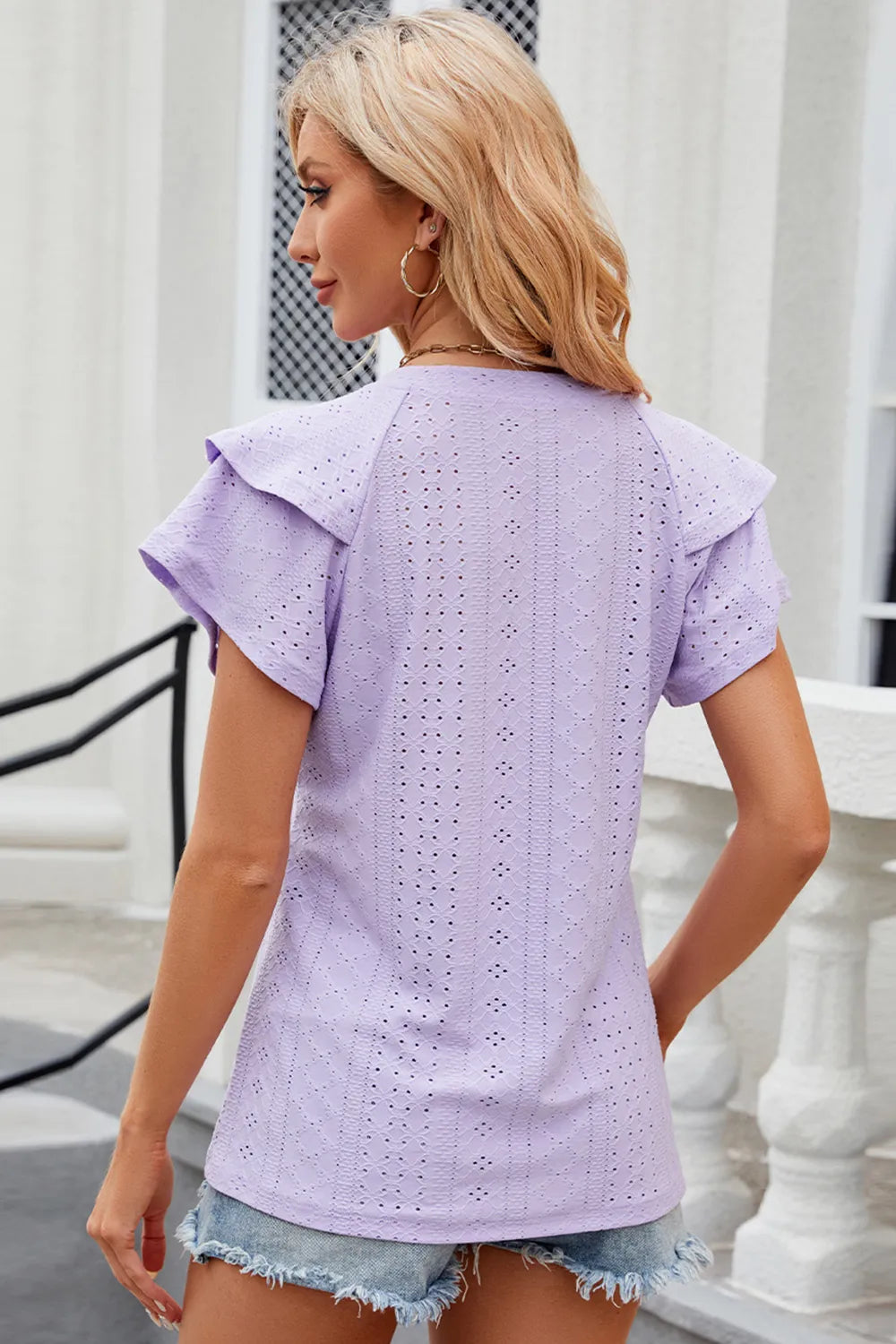 Eyelet Notched Flutter Sleeve T-Shirt – Trendsi | ClozArt