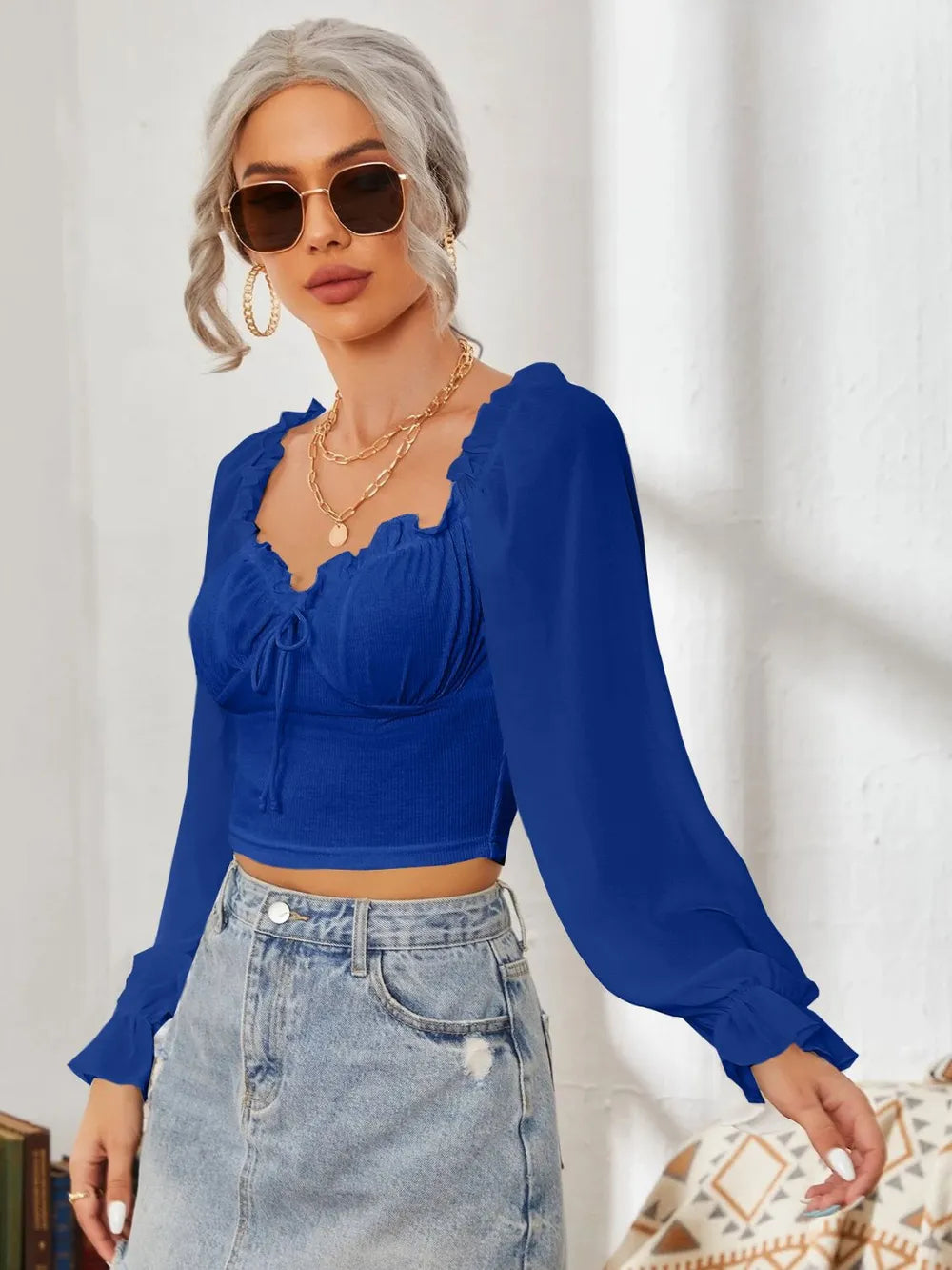 Mesh Sweetheart Neck Flounce Sleeve Top – Trendsi | ClozArt