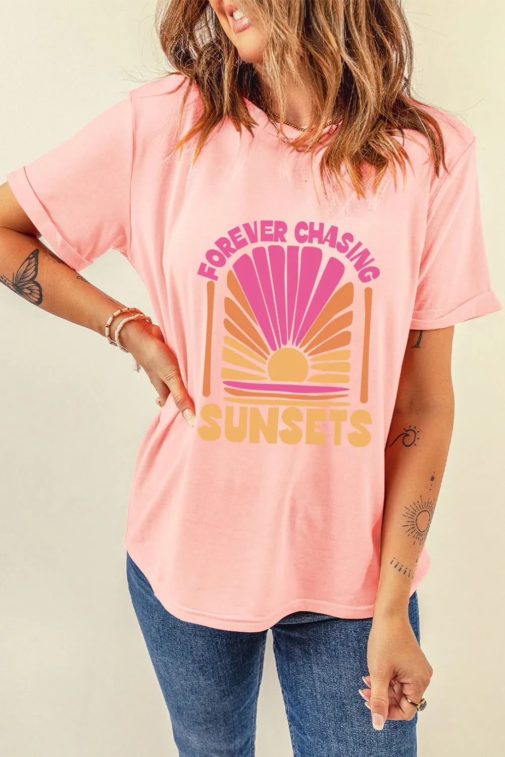 FOREVER CHASING SUNSETS Round Neck T-Shirt – Trendsi | ClozArt