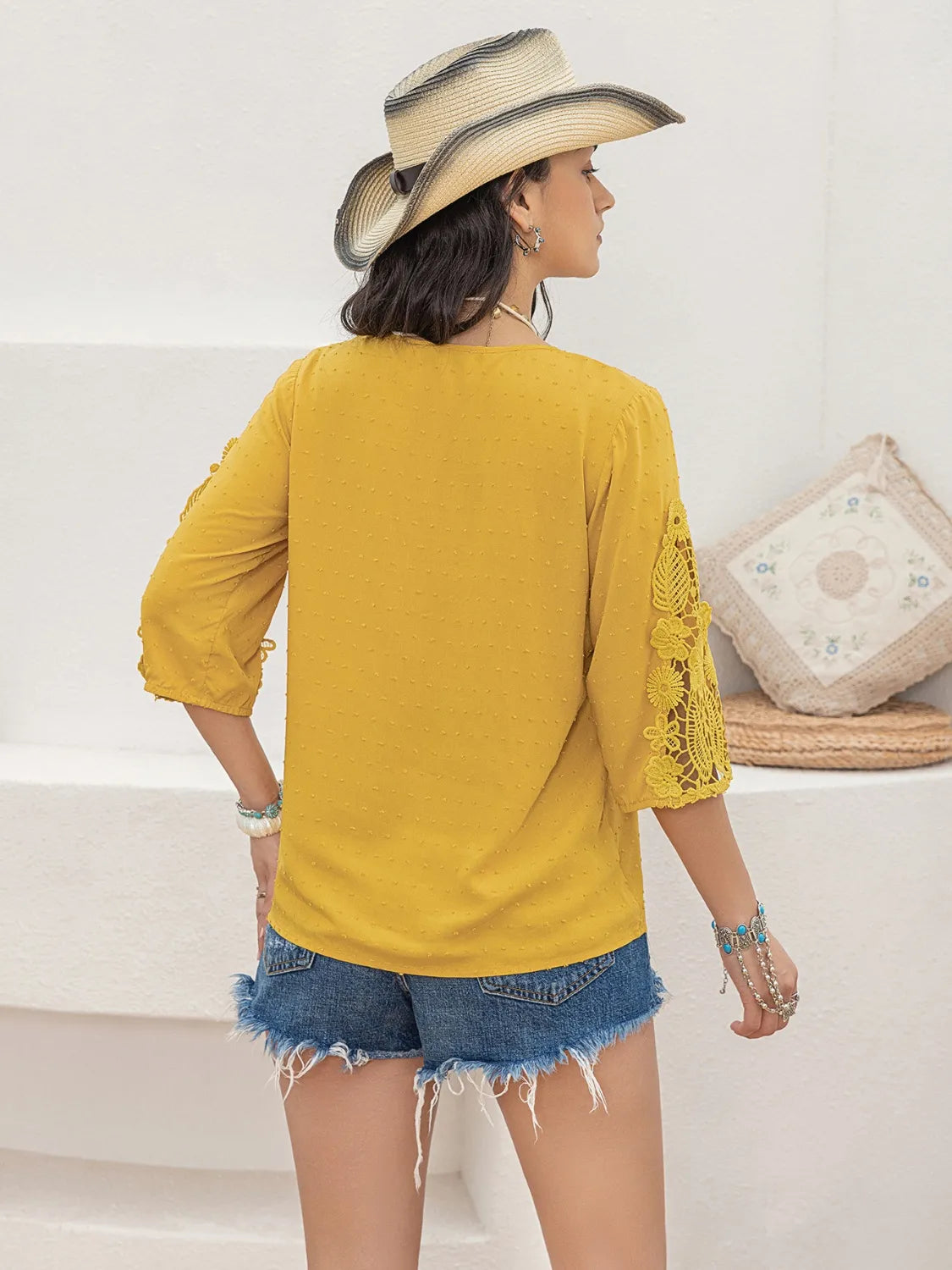 V-Neck Lace Three-Quarter Sleeve Top – Trendsi | ClozArt