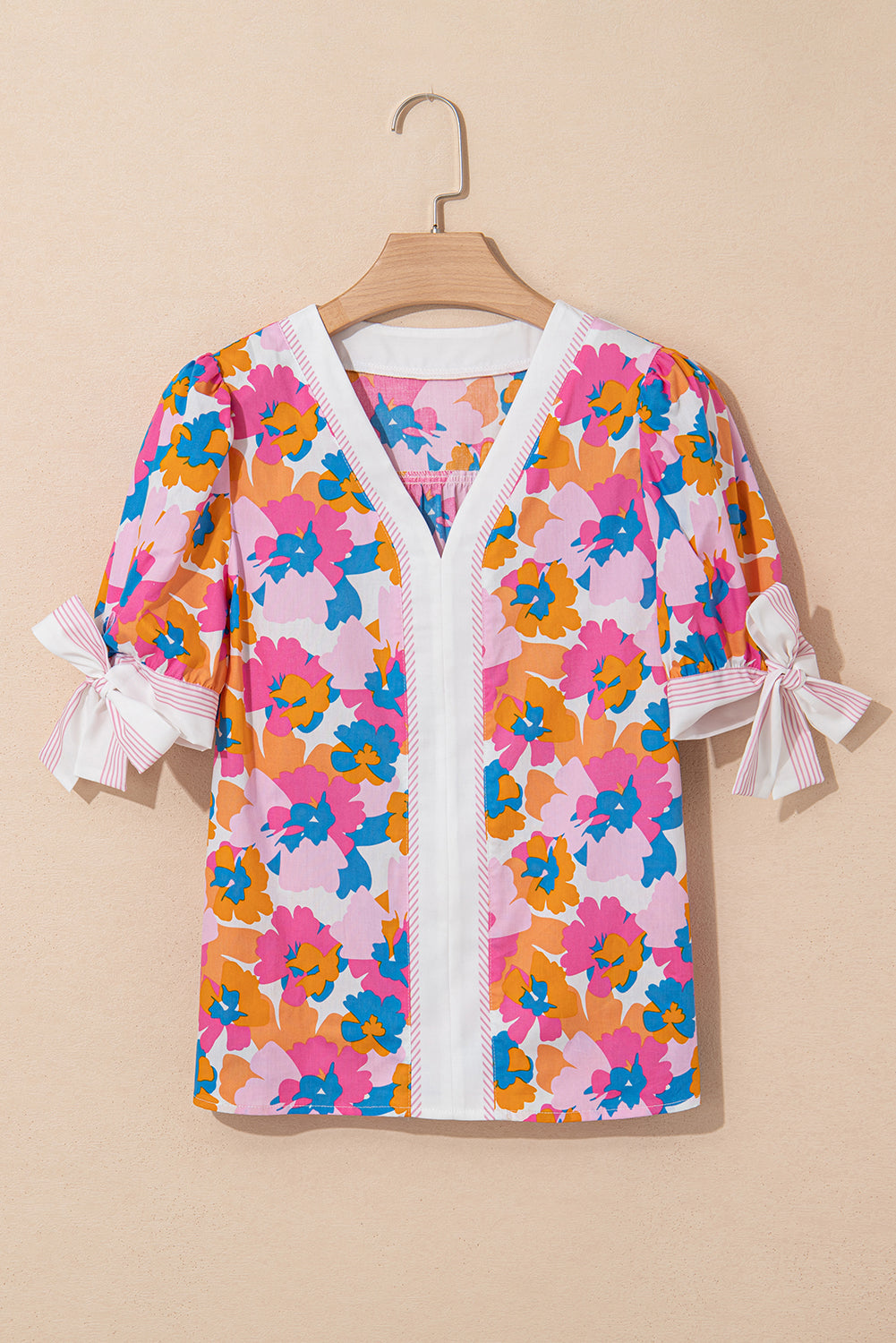 White Floral Colorblock Striped Edge V Neck Knotted Short Sleeve Blouse – Shewin | ClozArt