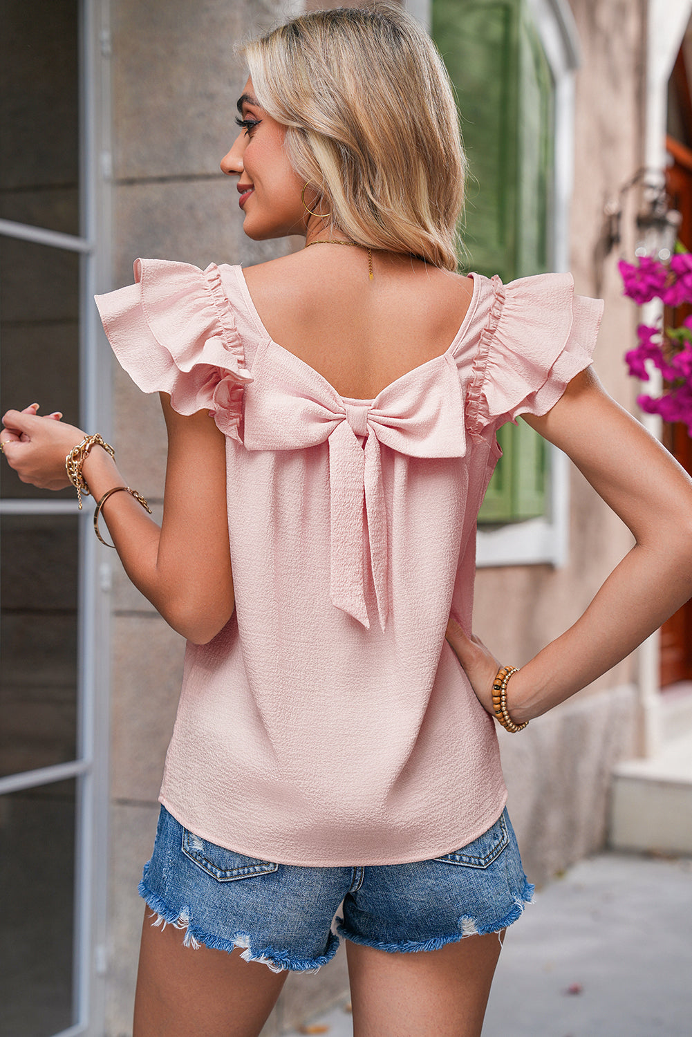 Beige Textured Bow Frilled Ruffle Sleeve Blouse – Shewin | ClozArt