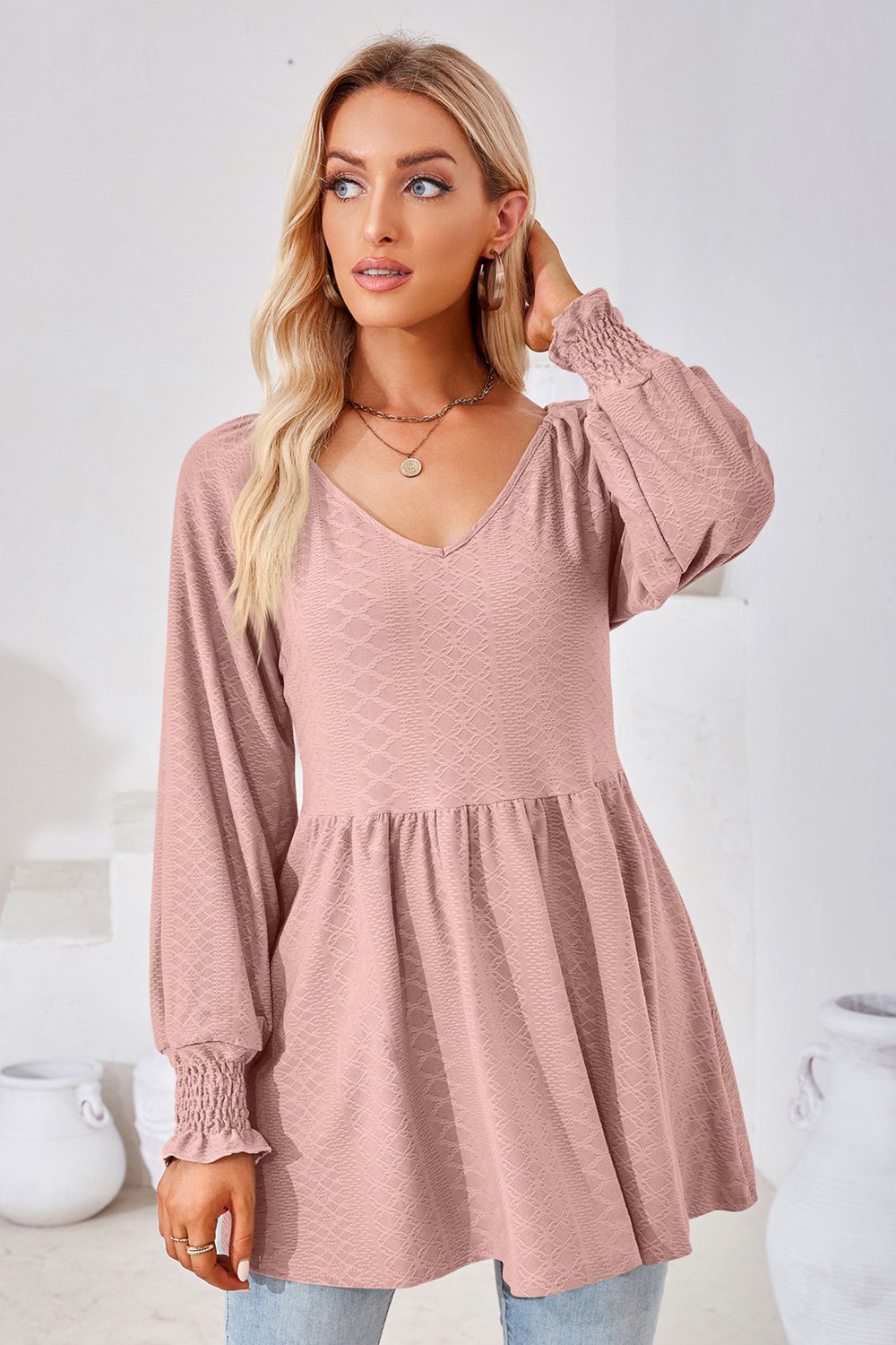 V-Neck Lantern Sleeve Blouse – Trendsi | ClozArt