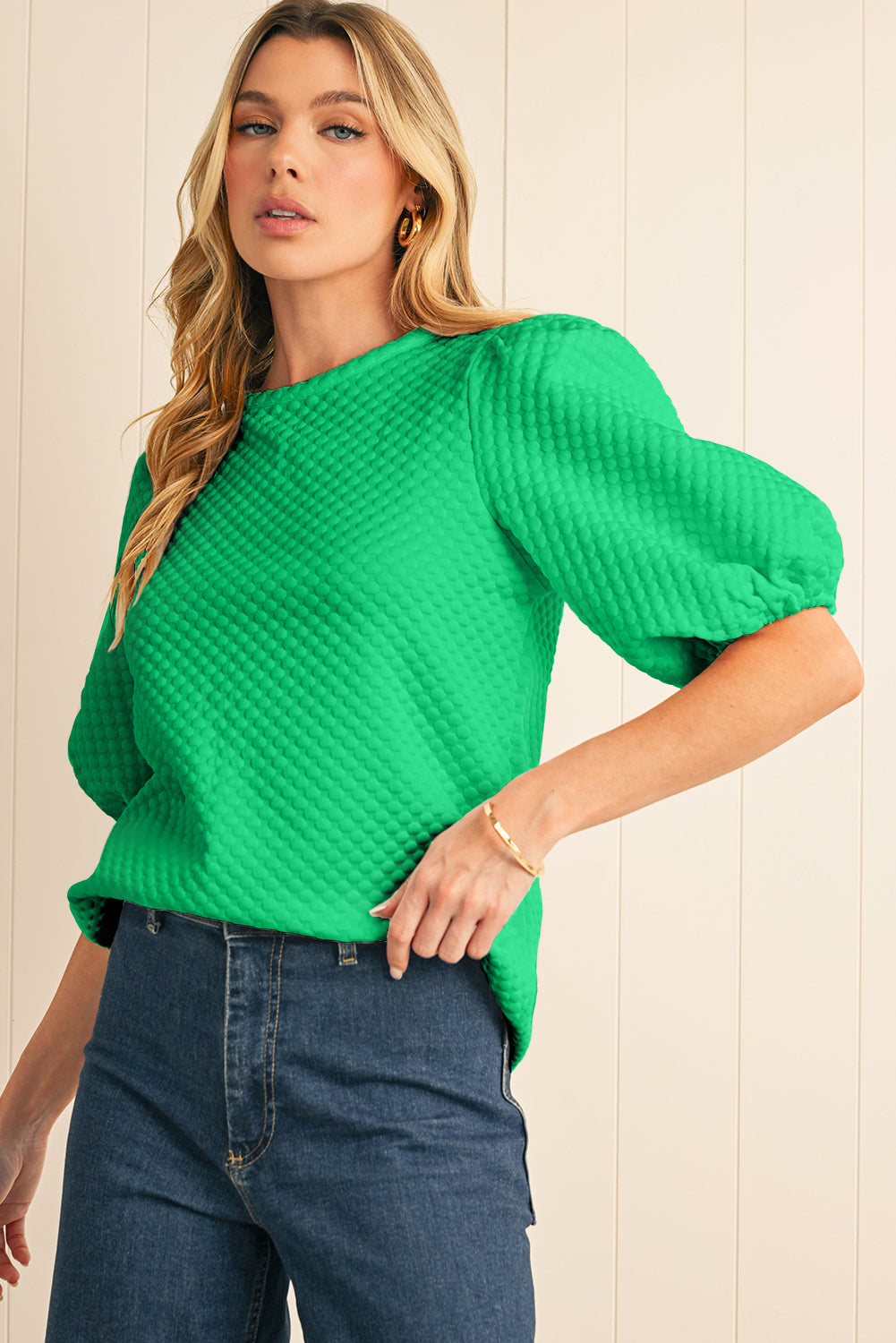 White Solid Textured O Neck Puff Sleeve Blouse – Shewin | ClozArt