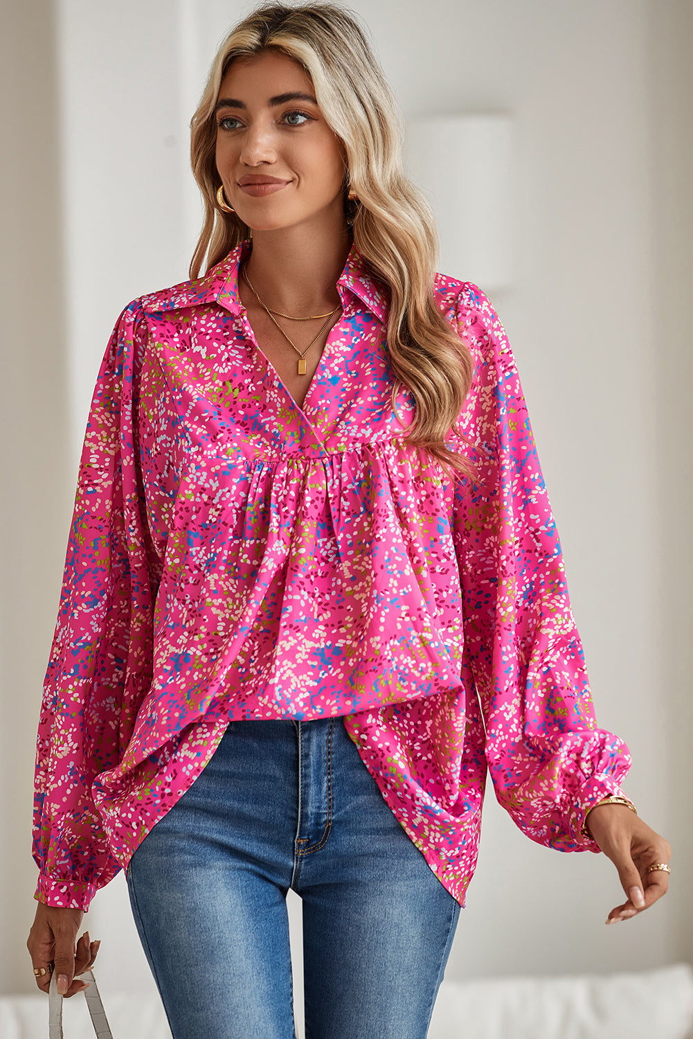 Orange Abstract Print Loose Fit Collared V Neck Babydoll Blouse – Shewin | ClozArt