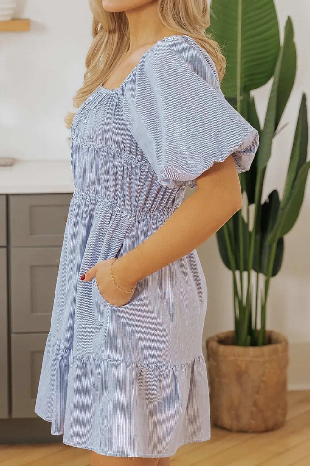 Striped Bubble Sleeve Ruched Babydoll Dress – Trendsi | ClozArt