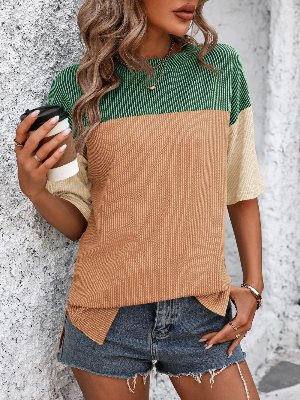 Mandy Color Block Round Neck Half Sleeve T-Shirt – Trendsi | ClozArt