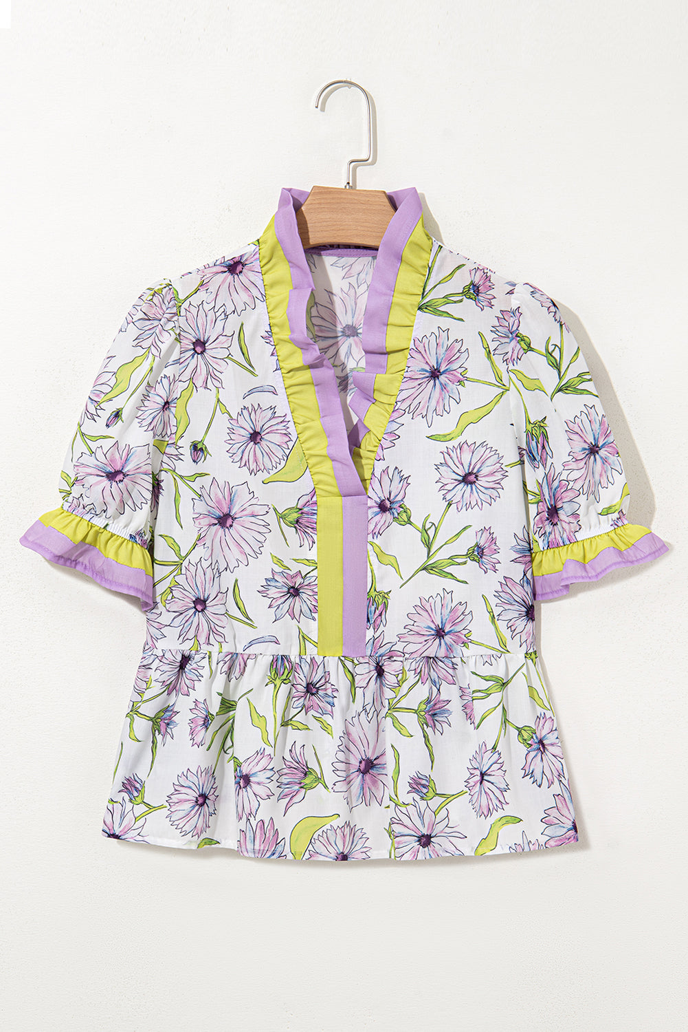Purple Floral Print Ruffle Pop of Color Neckline Blouse – Shewin | ClozArt