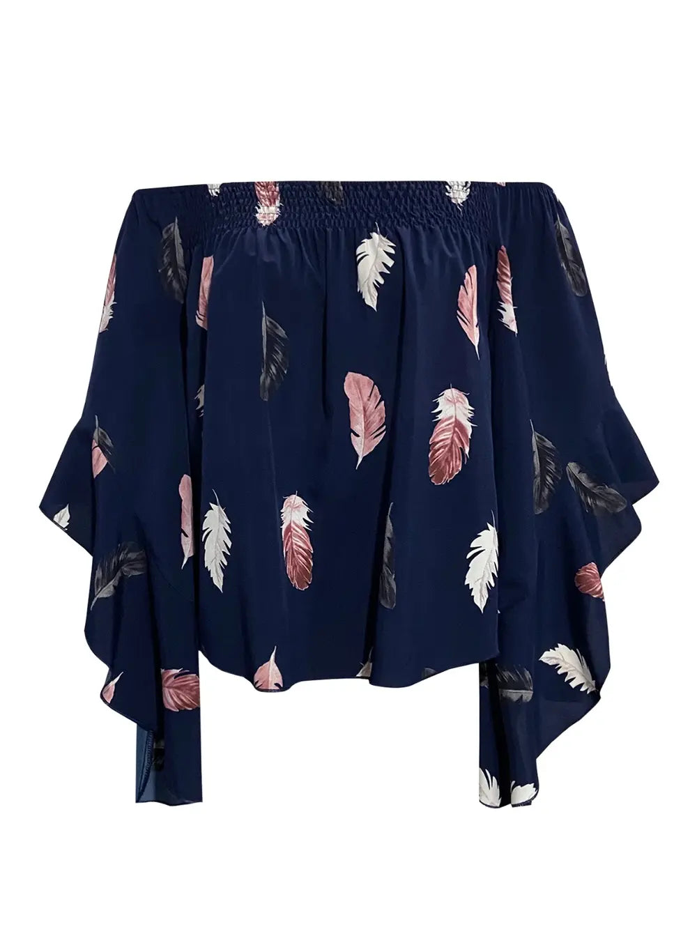 Feather Print Smocked Off-Shoulder Blouse – Trendsi | ClozArt