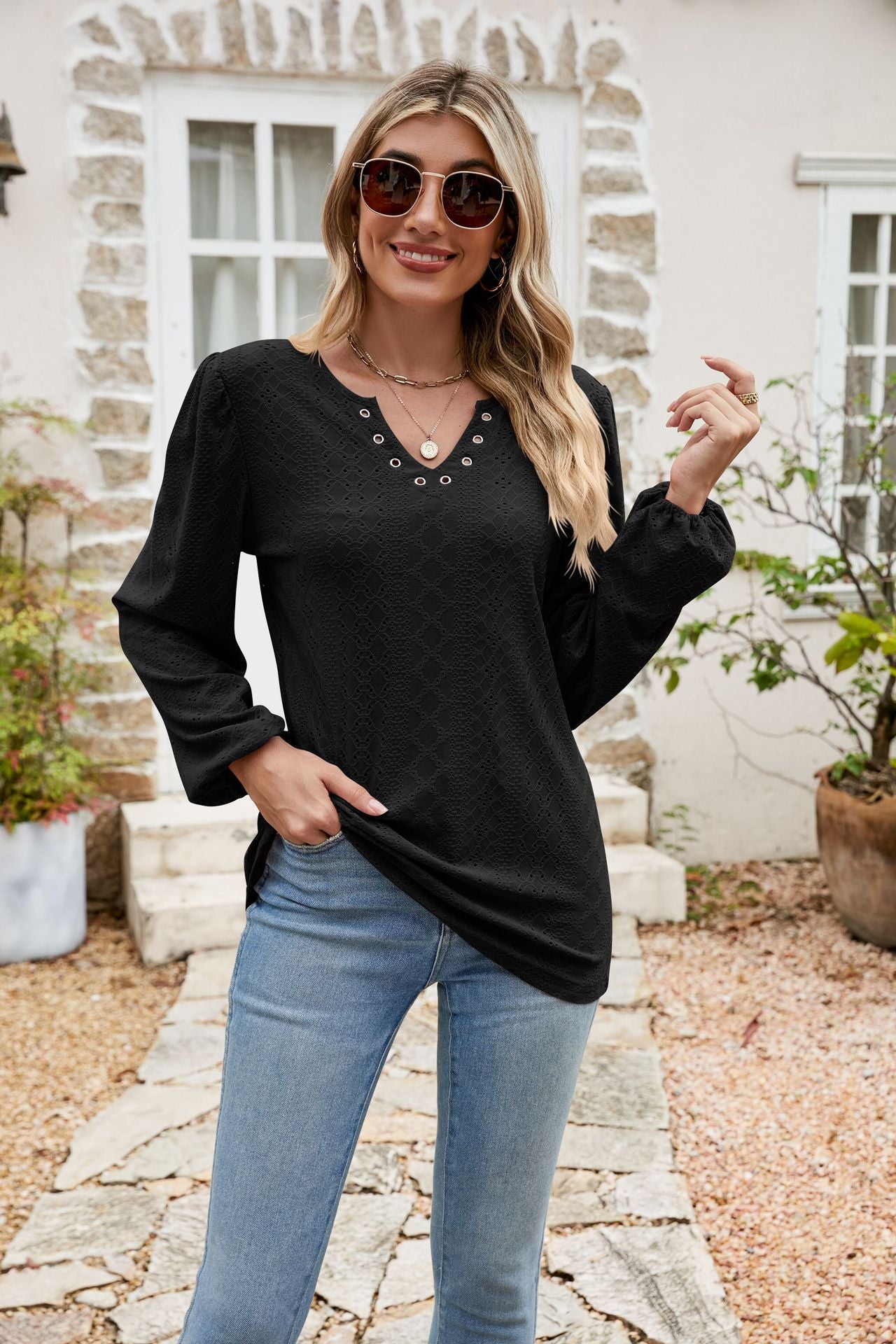 Eyelet Notched Neck Balloon Sleeve Blouse – Trendsi | ClozArt