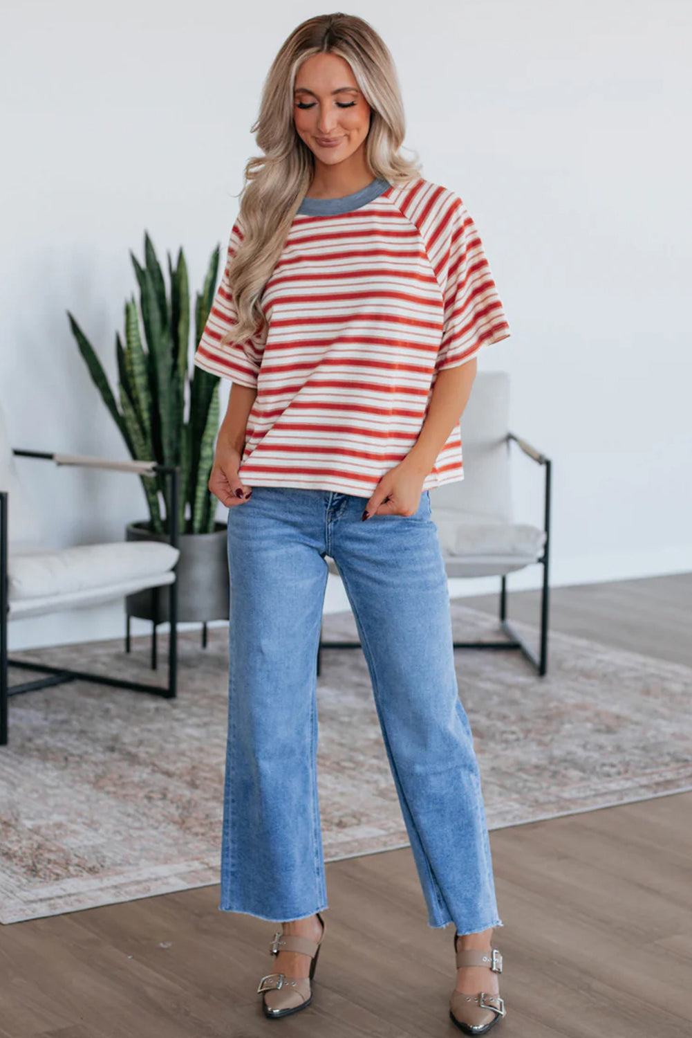 Tomato Red Striped Raglan Sleeve Contrast Neck T-Shirt – Shewin | ClozArt