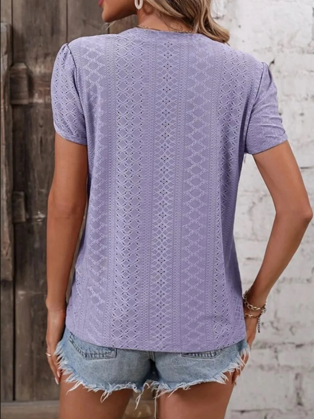 Eyelet V-Neck Petal Sleeve T-Shirt – Trendsi | ClozArt
