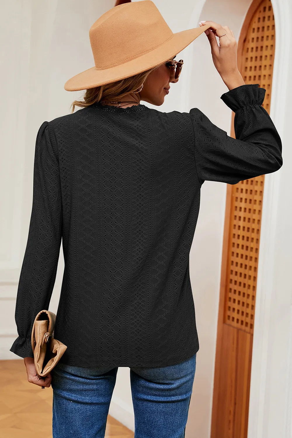 Eyelet V-Neck Flounce Sleeve T-Shirt – Trendsi | ClozArt