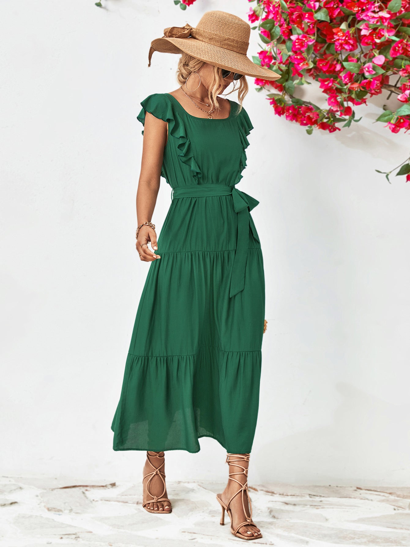 Tie Belt Ruffled Tiered Dress – Trendsi | ClozArt