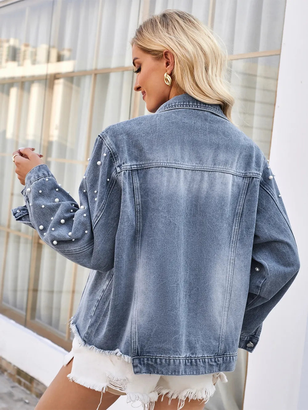 Pearl Trim Raw Hem Denim Jacket – Trendsi | ClozArt