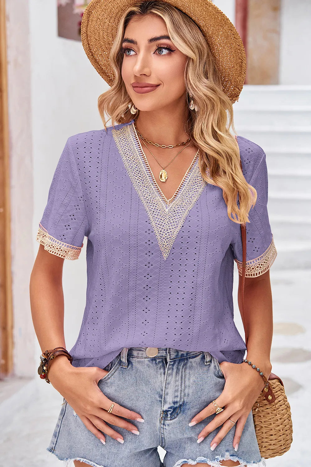 Eyelet V-Neck Short Sleeve T-Shirt – Trendsi | ClozArt