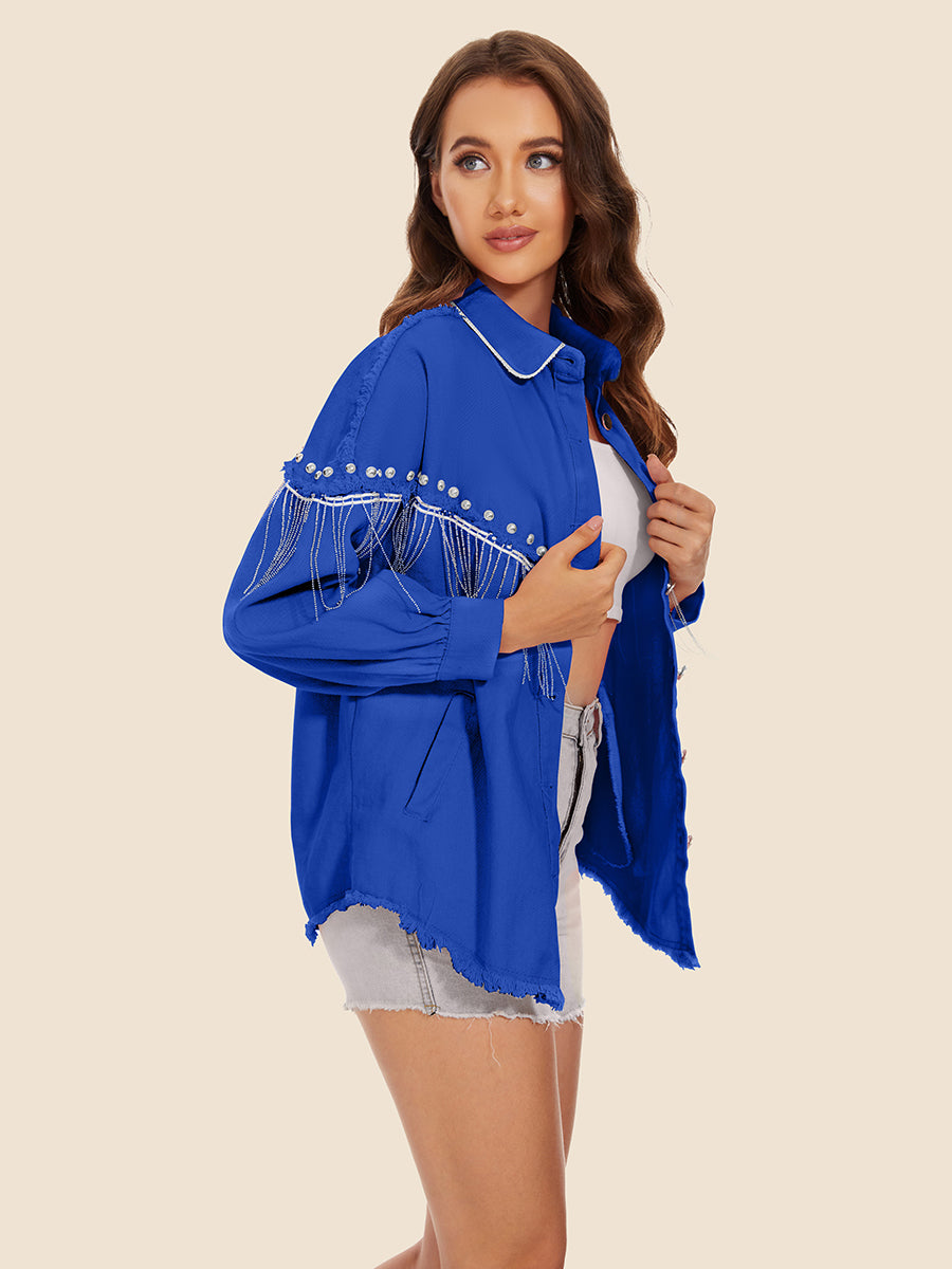 Raw Hem Fringe Detail Denim Jacket – Trendsi | ClozArt