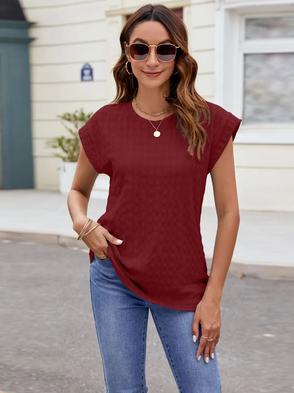 Textured Round Neck Cap Sleeve T-Shirt – Trendsi | ClozArt